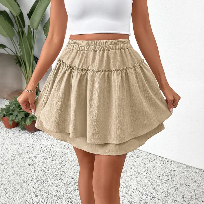 

New Versatile Casual Vacation Elastic Fluffy Solid Color Layered Short Skirt