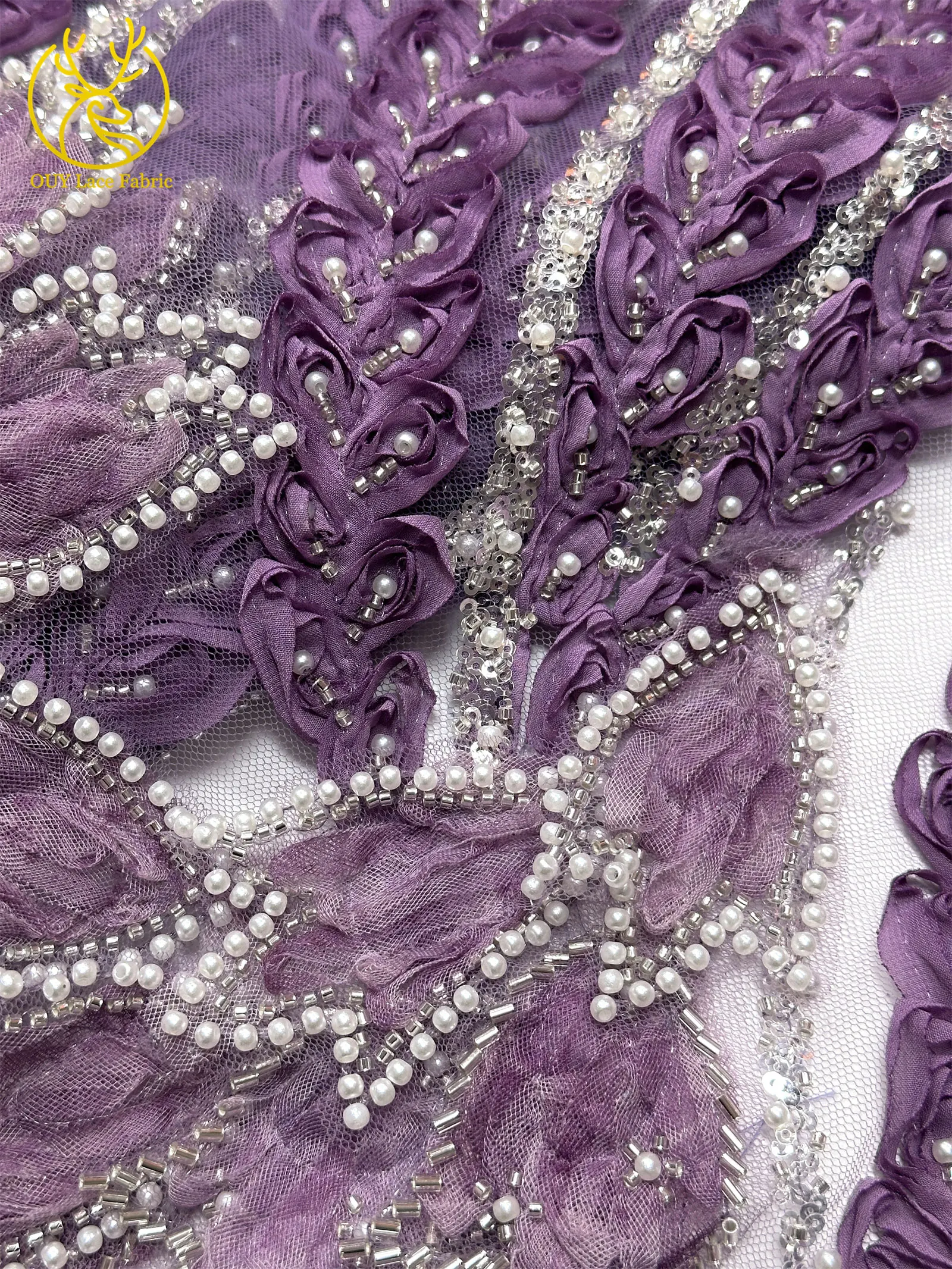 Französischer Luxus 3D-bestickter Perlen-Spitzenstoff, 5 Yards, eleganter afrikanischer nigerianischer Pailletten-Spitzenstoff für Damen, Hochzeits- und Partykleid – Detail 18