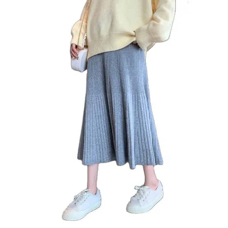 Winter Pregnant Women High Waist Belly Skirts Fashion Knitted Skirts Adjustable Waist Long Loose Maternity Empired Pleated Skirt