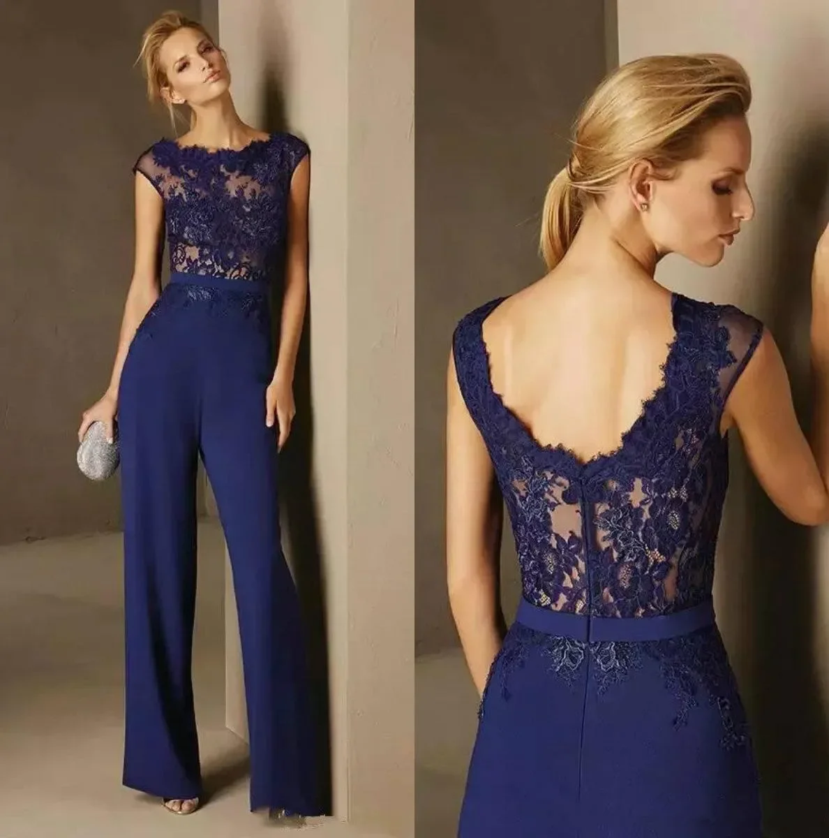 Elegant Navy Blue Jumpsuit Pant Dresses Evening Wear 2021 Sexy See Thourgh Top Lace Prom Gown Satin Formal Party Dress Chic Robe