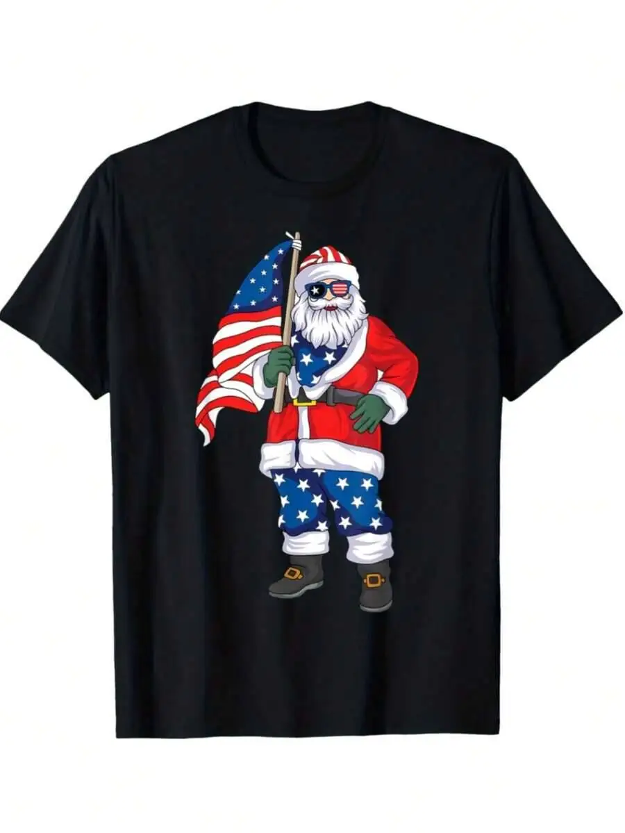 Men T Shirt Black Patriotic Santa Claus Flag Graphic Print Short Sleeve For Holiday Party 100% Cotton Trendy Y2K Short-Sleeve