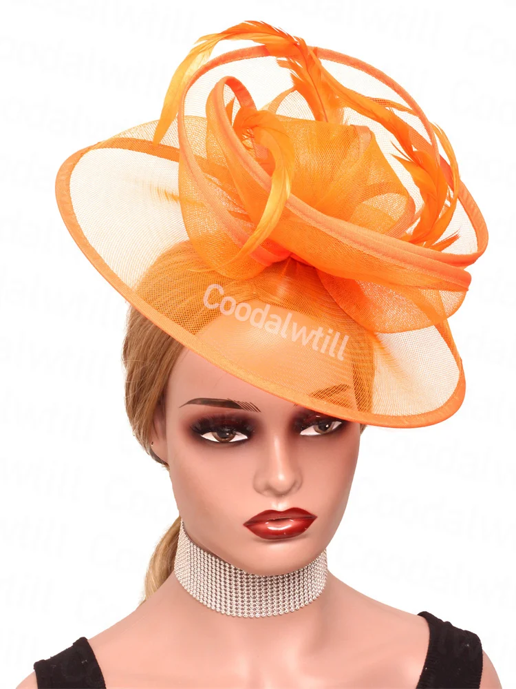 Tocado de pastillero de malla naranja, sombrero de boda para mujer, tocado de carrera de Iglesia, gorra de sombrerería de fiesta de Ascot real, tocado de cóctel para mujer