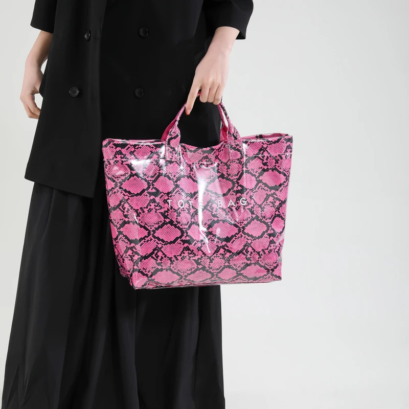 Women PU Handbag Fashion Handheld Bag Large Capacity Top Handle Bag Snake Pattern Commuting Bag Waterproof Outdoor Travel Bag