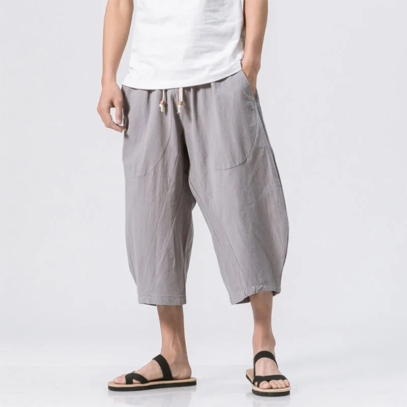 2023 Summer Men Harem Pants Short Joggers Chinese Style Calf-Length Casual Baggy Pants Solid Color Male Capris Trousers 5XL