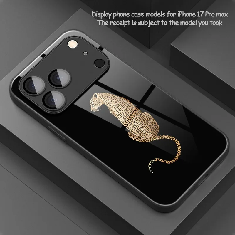 

Golden Leopard Pattern Tempered Glass Black Phone Case For iPhone 17 16 15 14 13 12 11 Pro Max 17 Air 7 8 Plus XS X XR Cover
