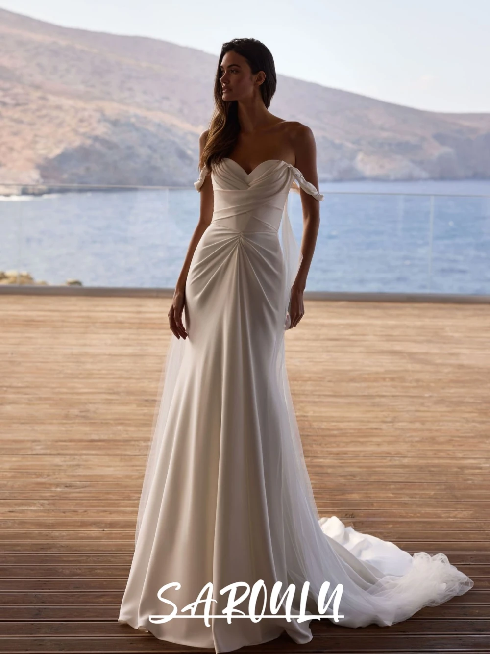 

SAROULU Pleated Satin Off-the-shoulder Wedding Dress Simple Fashionable Mermaid Flowy Modern Customized Bridal Gown Zipper Back