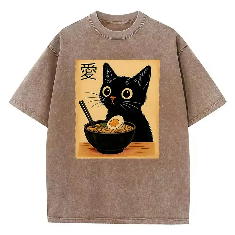 Harajuku T Shirt Vintage Washed 100% Cotton T-Shirt Lover Cat Japanese Ramen Graphic Tee Casual Streetwear