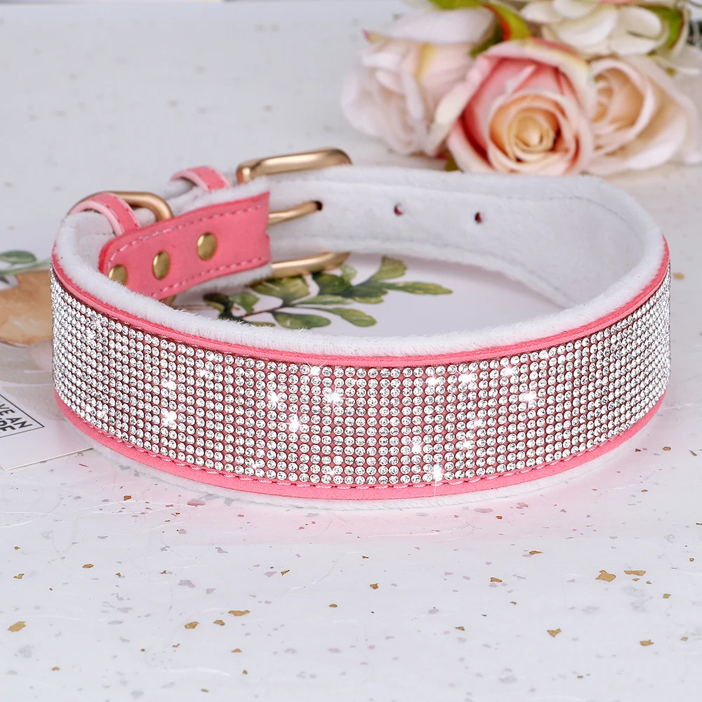 Bling Rhinestone Dog Collar Winter Wide Pet Collars Soft Fleece Padded Crystal Dog Collars For Medium Large Dogs Greyhound  L XL