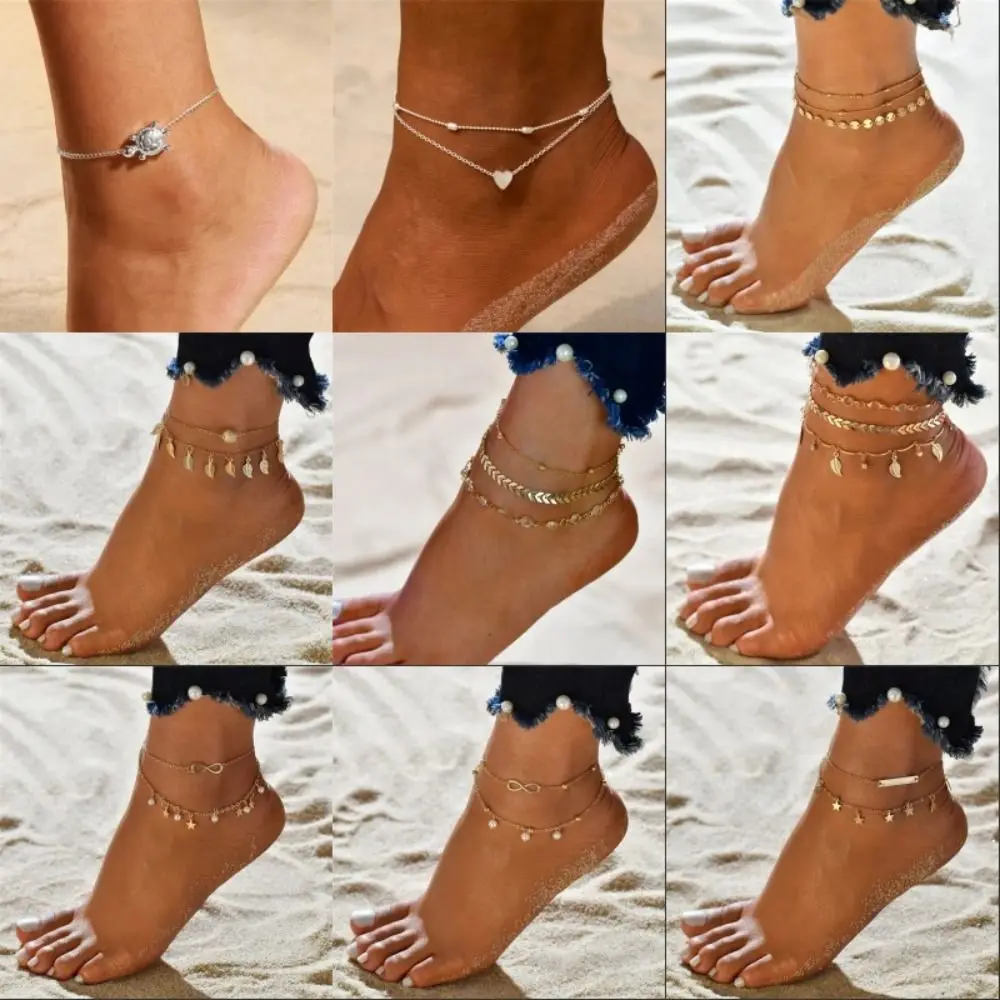 Cadenas minimalistas de aleación para mujer, tobilleras de estilo bohemio, doradas y plateadas, para la playa