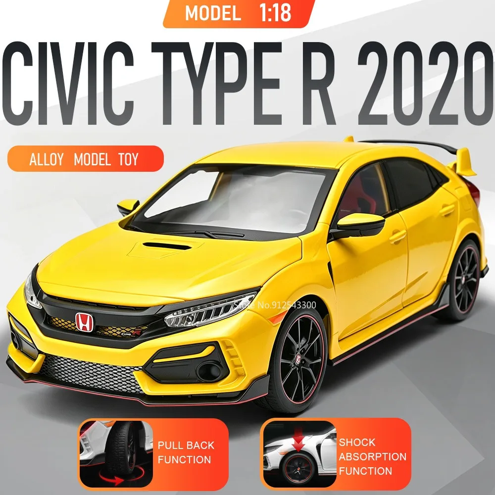 

1:18 Civic Type R 2020 Model Car Toy Doors Opened Models Front Wheel Steer Shock Absorption Vehicle for Friend Birthday Gifts