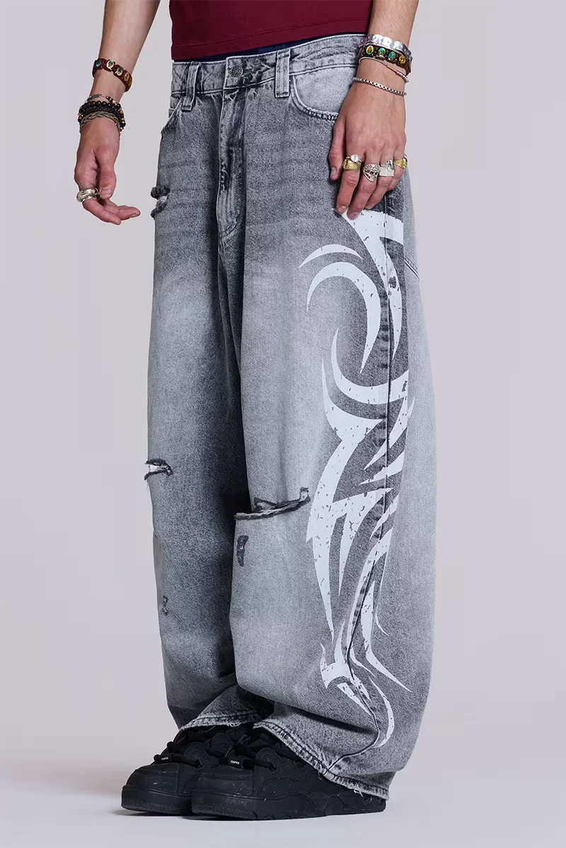 Streetwear Y2K Fashion Oversized Printed Washed Holes Baggy Jeans Men Harajuku Hip Hop Vintag Gothic High Waist Wide-leg Pants