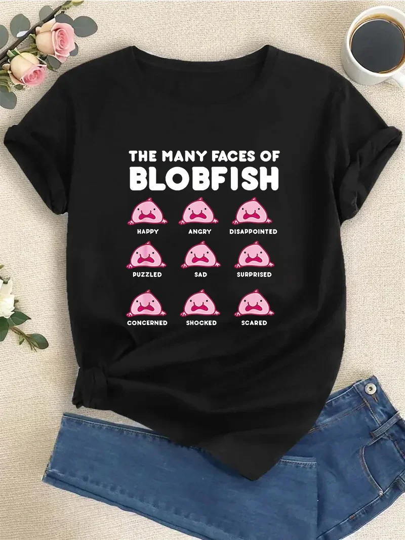Womens The Many Faces of Blobfish Shirt Summer Fashion Casual Short Sleeve Round Neck Top Women's T-shirt