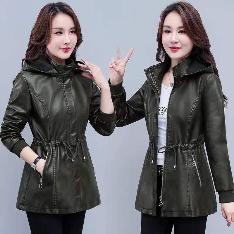 Jaket wanita kulit PU hitam jaket kulit imitasi 2023 ritsleting baru mantel dasar kerah lipat bertudung jaket pengendara Motor pakaian luar