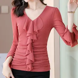 Office Lady Solid Color Fashion Ruffles Spliced T-shirt Women's Clothing V-Neck Slim Spring Autumn Long Sleeve Pleated Pullovers