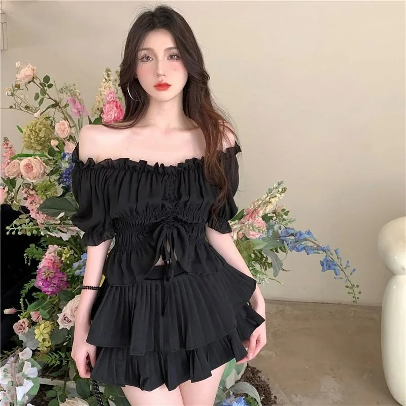 Fashion Comfortable Sweet Little Girl Clothing Drawstring Pleated Women's Summer High-end Top Design Cake Skirt Two-piece Set