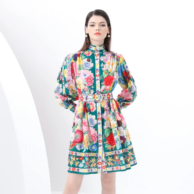 

Spring and Autumn women's clothing temperament fashionable retro style stand collar lantern sleeve short skirt printed dress