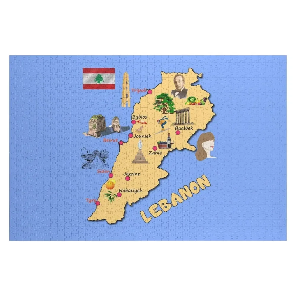 

Lebanon map, major cities names flag Lebanese national symbols and landmarks Jigsaw Puzzle Custom Woodens For Adults Puzzle