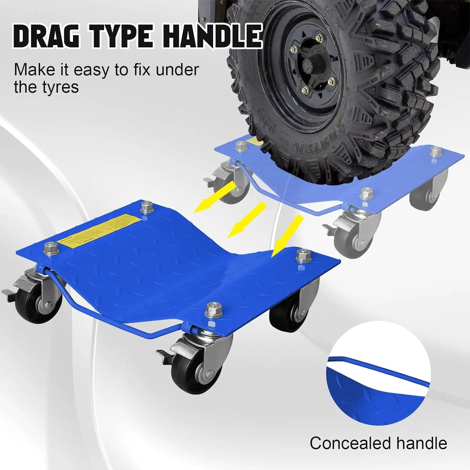 Garvee Blue Lot de 4 chariots à roues robustes en acier, modèle MR8100, cadre de 4 mm d'épaisseur, capacité de 1500 lb par chariot, capacité totale de 6000 lb, chariots de déplacement pour véhicules avec freins verrouillables, déplaceur de voitures, camions, remorques et bateaux, pour le rangement en garage