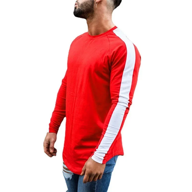 Autumn Fashion Cotton Patchwork Long Sleeve T shirt For Men Spring Solid Casual Sports T-shirt Male Classic Arc hem Tees Tops