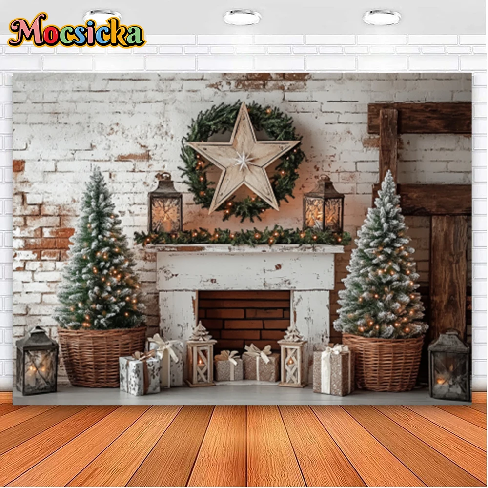 Mocsicka Winter Christmas Photography Backgrounds Xmas Wreath Fireplace Pentagram Holiday Party Adult Photo Backdrops Studio