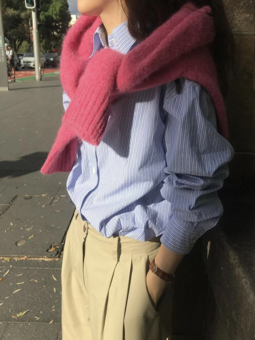 

Smoid Blue Casual Loose Long Sve irt Embroidered Letters Thin Stripes Design Cotton Spring Summer Women's Faion