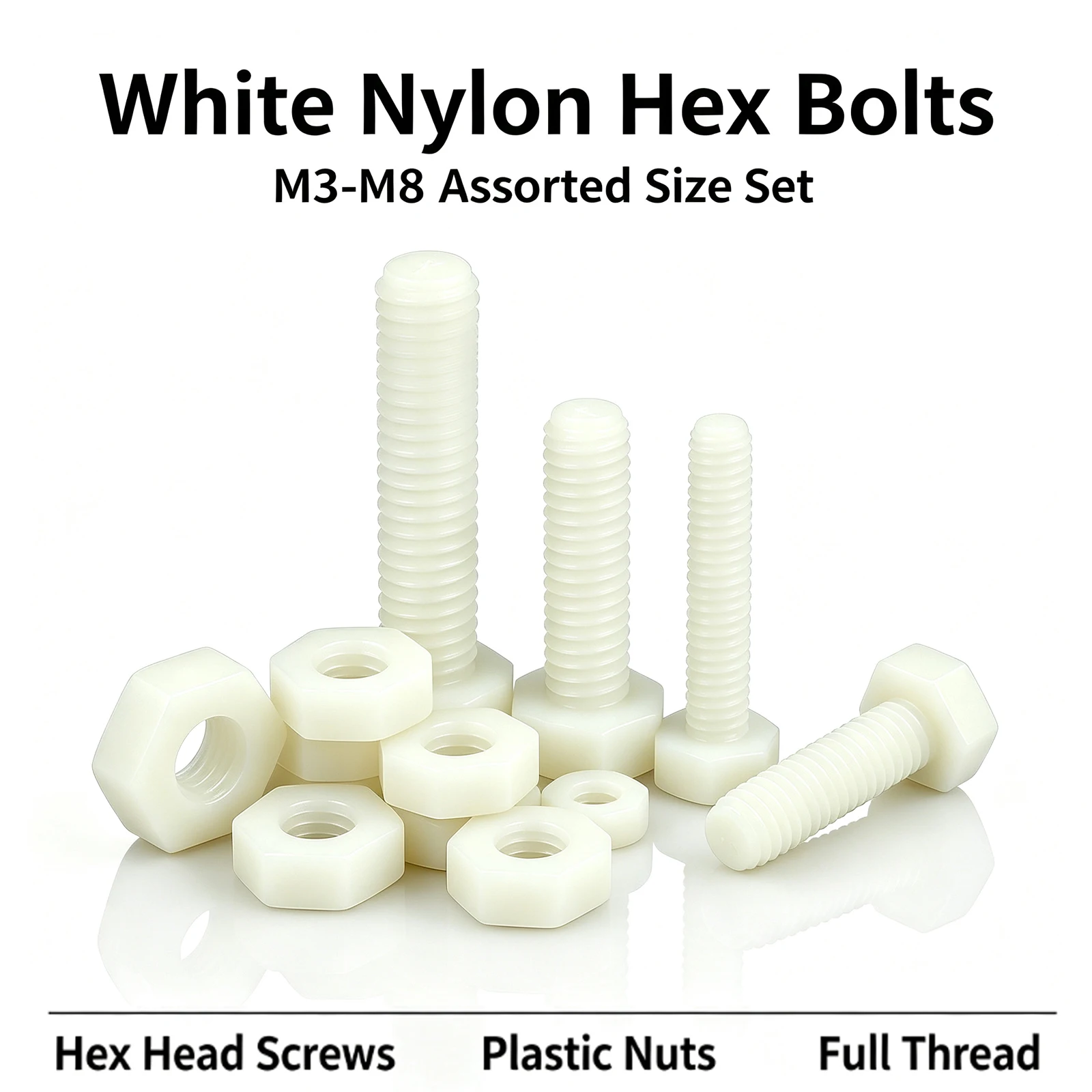 10-50 Set M3 M4 M5 M6 M8 White Outer Hexagonal Nylon Screws Nuts Metric Threaded Insulated Plastic Bolts Combination Set