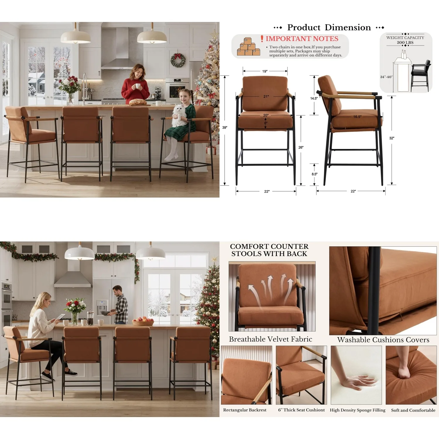 

25.75" Bar Stools Set 4 w/ Back & Wood Arms Velvet Cushion Removable Covers Metal Legs Counter Height Kitchen Island, Customized