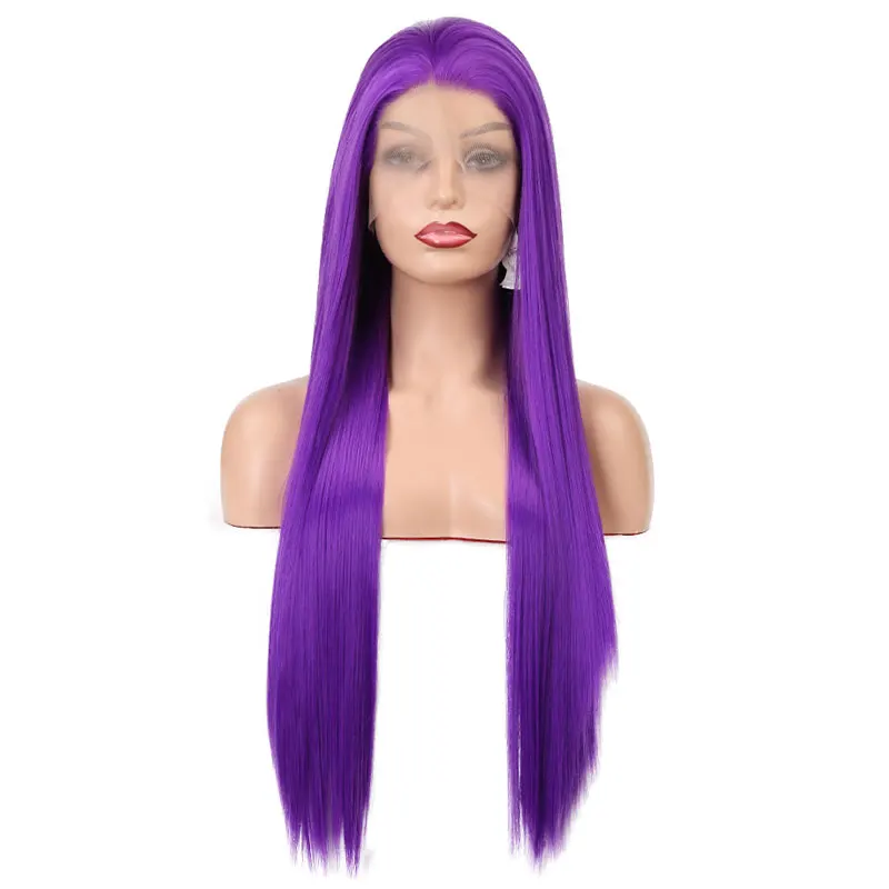 Dark Purple Silky Straight Synthetic 13x4 Lace Front Wig High Quality Heat Resistant Fiber Hair Middle Parting For Women Cosplay