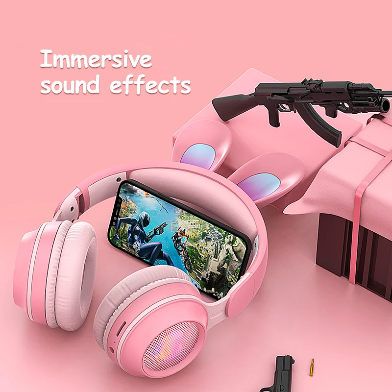 Auriculares inalámbricos con orejas de conejo para niños, audífonos con micrófono, música, Bluetooth, para juegos, novedad