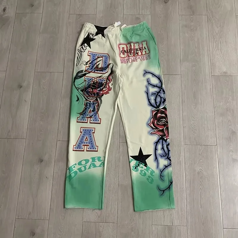 New Men 2026 Duaa Rhinestone Washed Green Shark Cargo Comfortable Cotton Parkour Sweat Casual Pants Sweatpants tag #a261