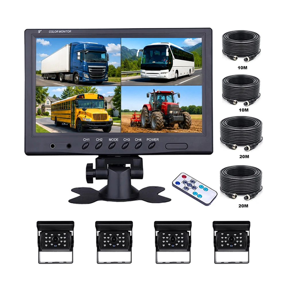 Degreat 9-calowy monitor samochodowy z kamerą cofania, czterokanałowy rejestrator wideo z podziałem ekranu, noktowizja, kamera cofania do ciężarówek i autobusów.