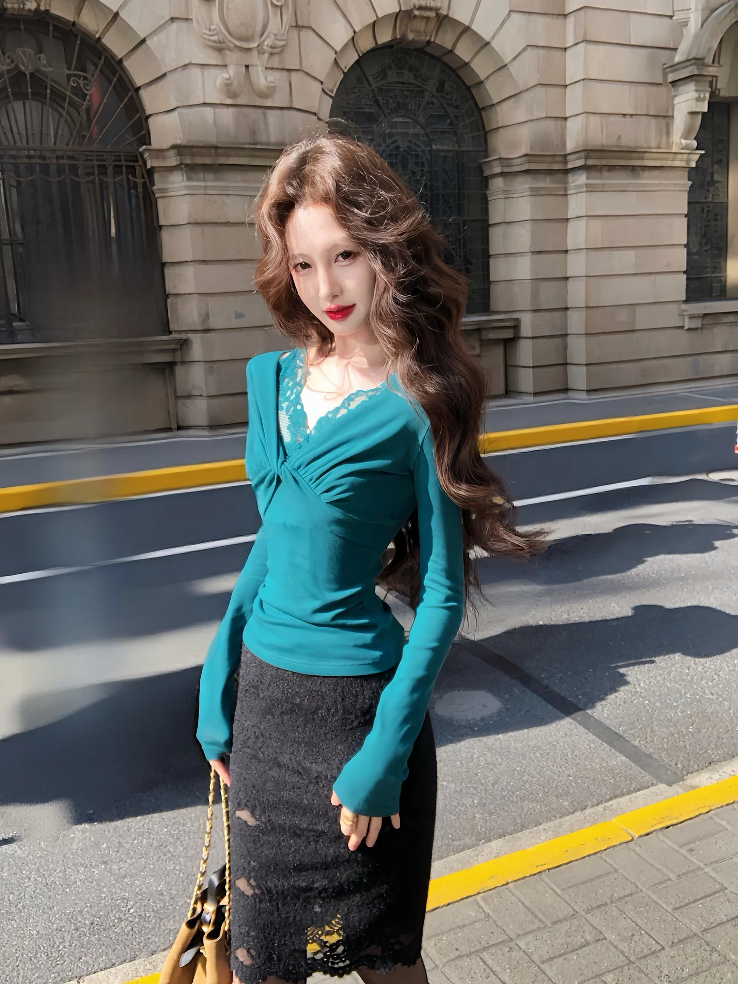 

een Vegetable Eating【Sweet Wine Pari Cisas New Arrival】Ruffle Splice Pure Desire Knot Waist Knitted Sweater