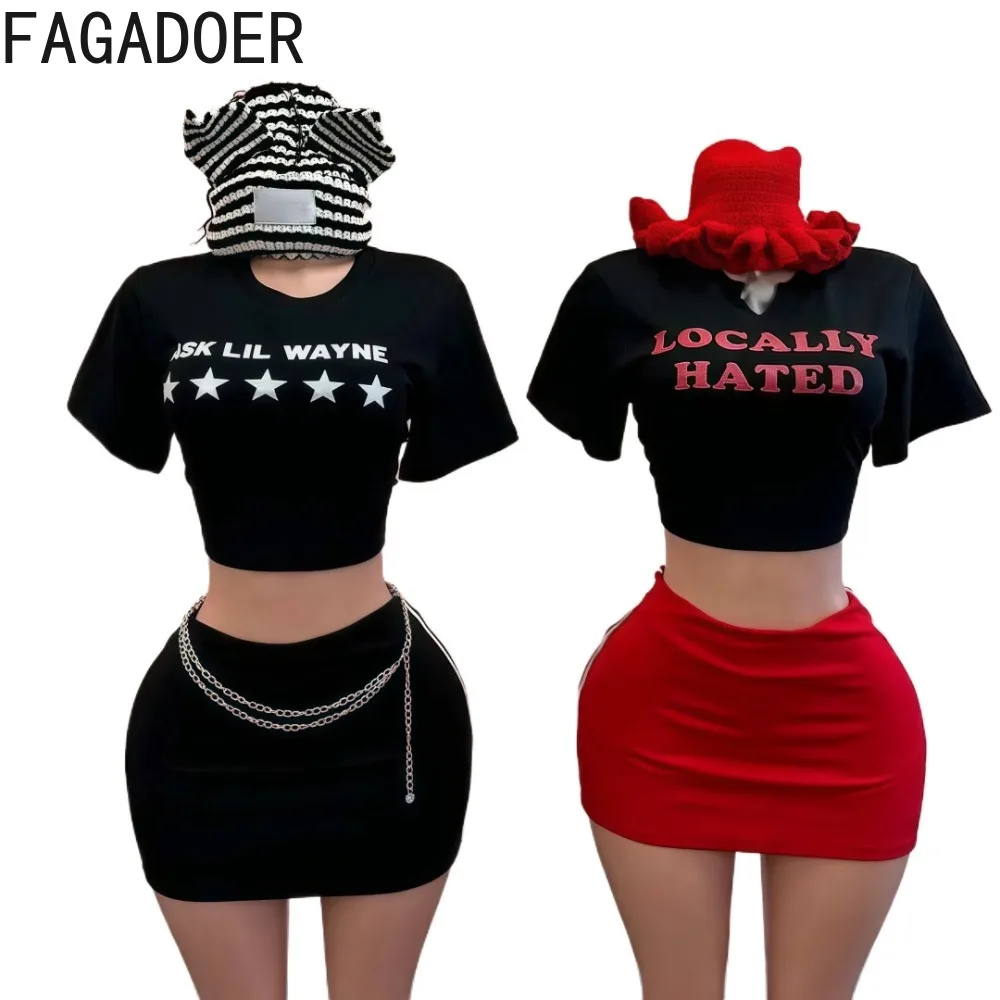 FAGADOER Sexy Women 2 Piece Set Outfit Letter Print Crop Tops + Bodycon Mini Skirts Suit Hot Girl Streetwear Clothing Spring New