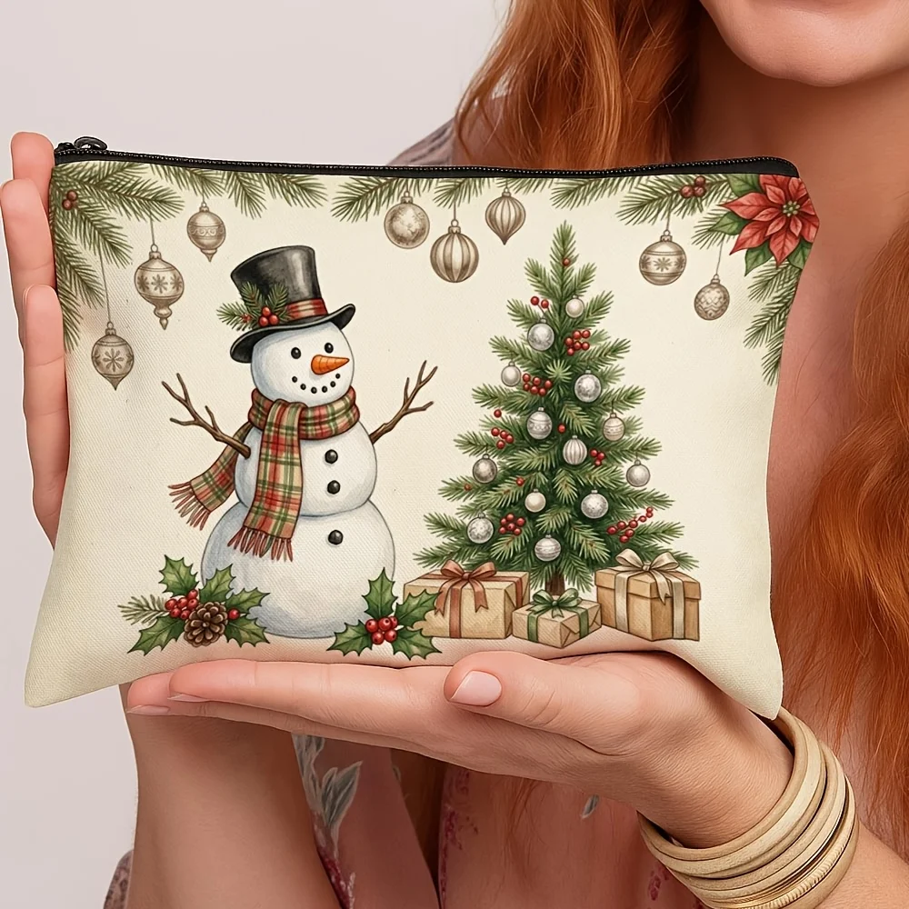 Vintage Snowman Christmas Tree Gift Print Cosmetic Bag Winter Holiday Travel Makeup Storage Pouch Xmas Gift