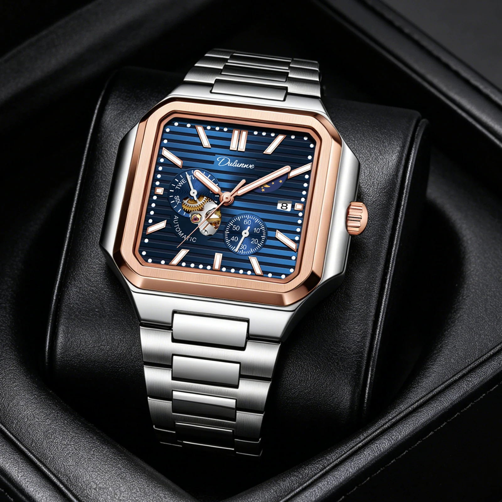 

Dulunwe Classic Luxury Blue Square Mechanical Watch for Men Automatic Winding Seconds Subdial and 24-Hour Dial Design