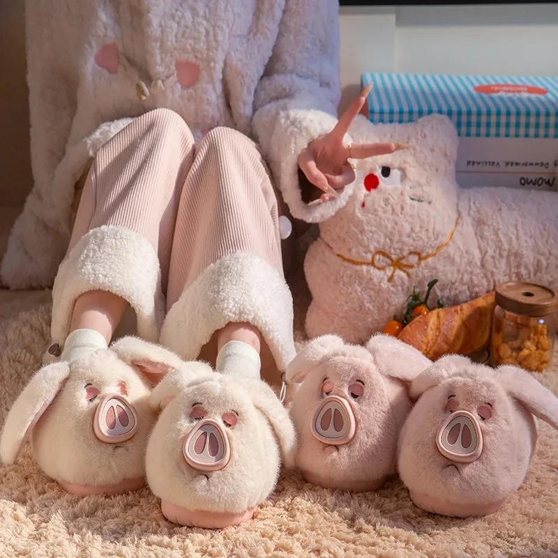 

2025 Flying Pig Plush Slippers Women - Winter Non-Slip House Shoes with Thick Fleece, Warm & Adorable