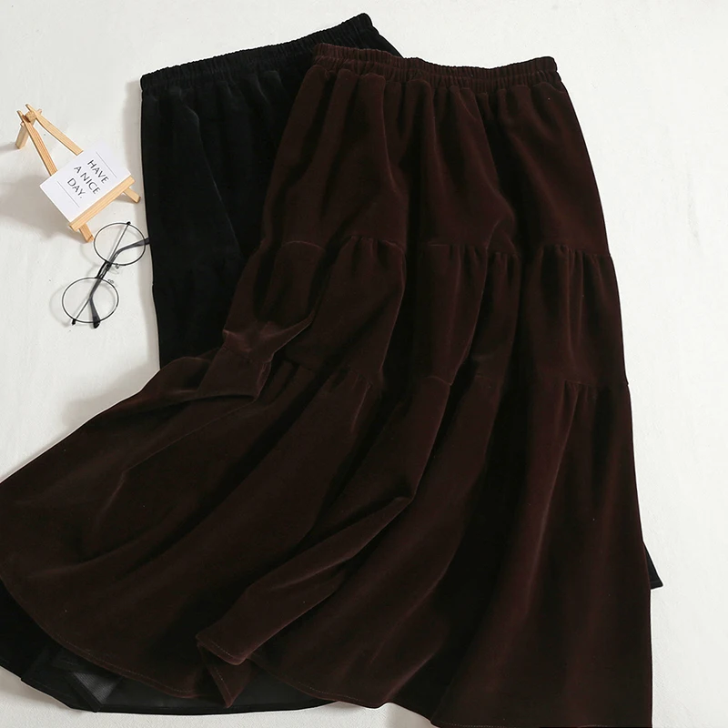 

Elegant Velvet Skirt Women's Mid-length Umbrella A-Line Ladies 2022 Autumn New High Waist Thin Long Skirt