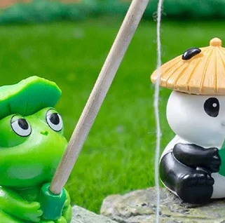 Fishing Frog Panda Figurines Ornament Creative Cartoon Animal Figure Doll Fish Tanks Aquarium Hangable Decor Desktop Decoration