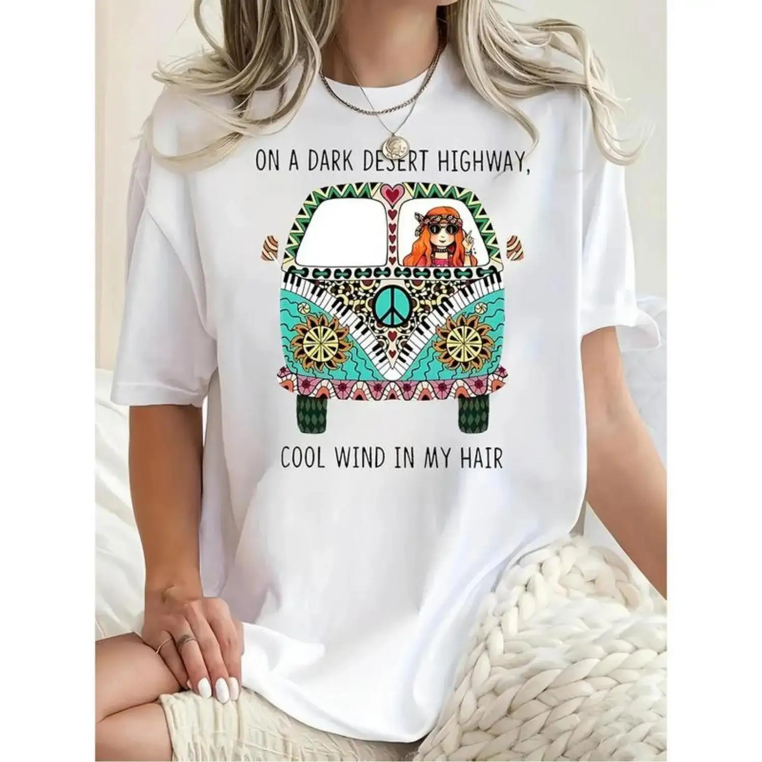 Colorful Bohemian Graphic Tee for Plus Size Women Showcasing Hippie Bus Desert Scene and Dark Highway Quote