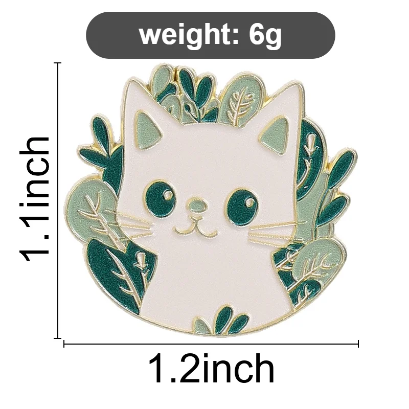 Small Fresh Cat Plant Enamel Pin Nature Cute White Cat Surrounded by Green Leaves Brooches Lapel Badge Jewelry Gift for Friends