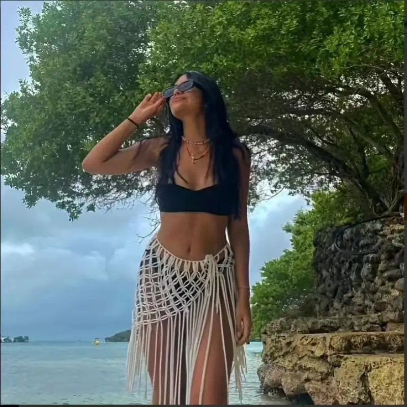 Handgewebter Bikini-Überwurfrock mit Netzfransen am Bund – Festival-Streetwear-Accessoire für Anzüge und Jeans – Detail 4