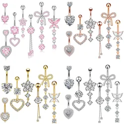7pcs/lot Belly Button Ring Sets Pink Gold Crystalz Belly Piercing Jewelry for Women Flower Heart Curved Navel Piercing Nombril