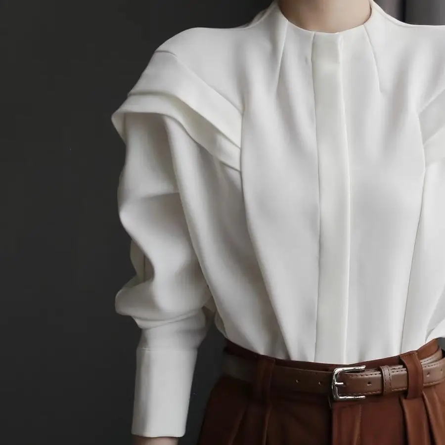 Three-dimensional cutting design sense autumn new temperament collarless simple bat sleeve casual shirt women