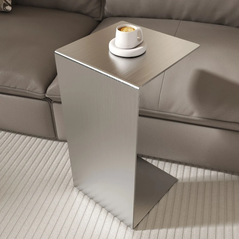 

Minimalist stainless steel small side table Italian style living room light luxury movable sofa C-shaped corner table small