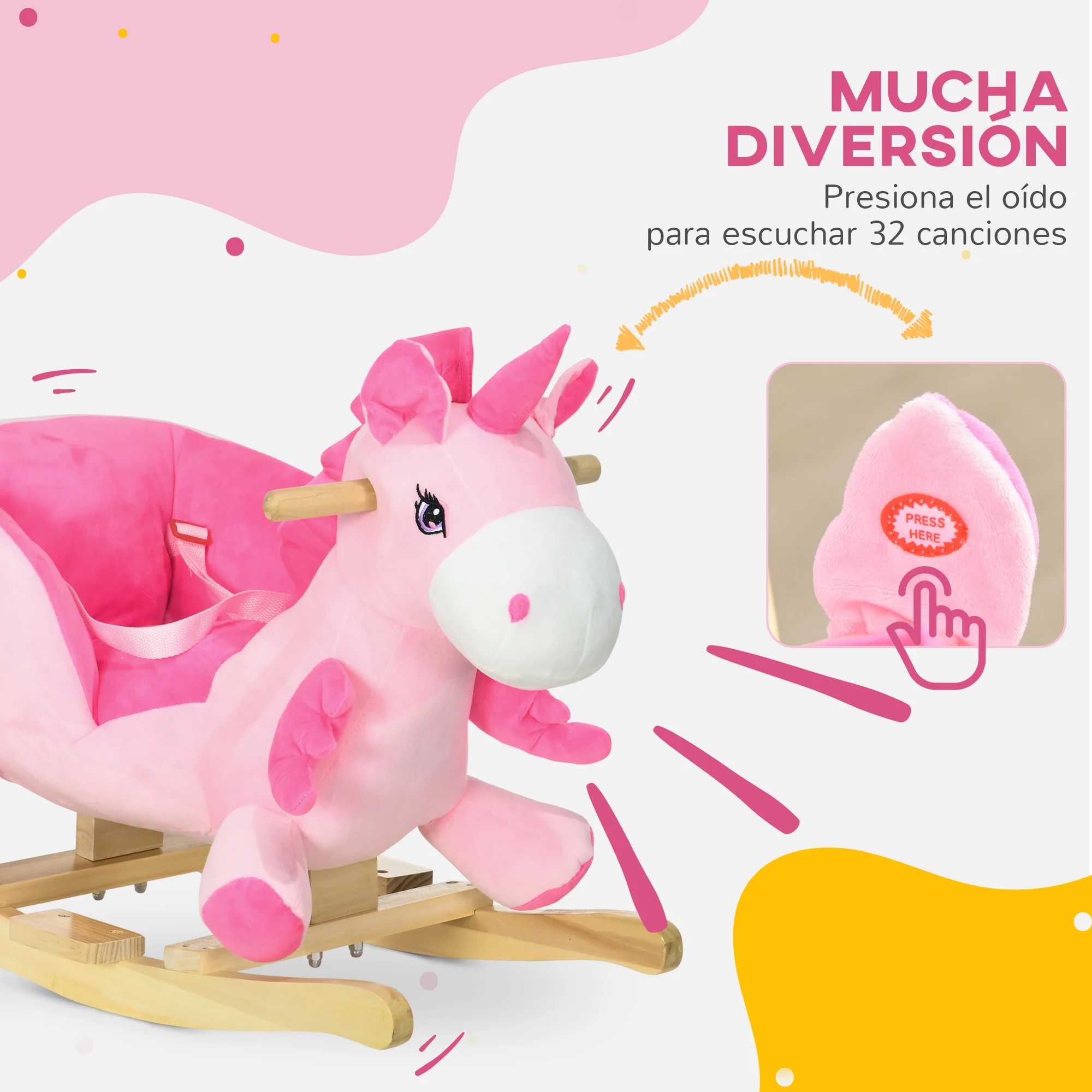 Imagen 5: HOMCOM Caballito Balancín para Bebés en Forma de Unicornio 65x35x45 cm Rosa