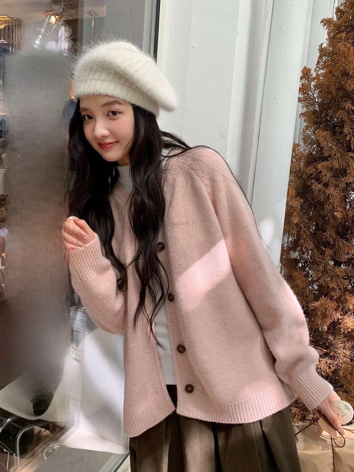 

Розовый вязаный свитер, пальто, женское осенне-зимнее свободное пальто, удобное ленивое пальто, длинное свечо, круглое, на одной пуговице