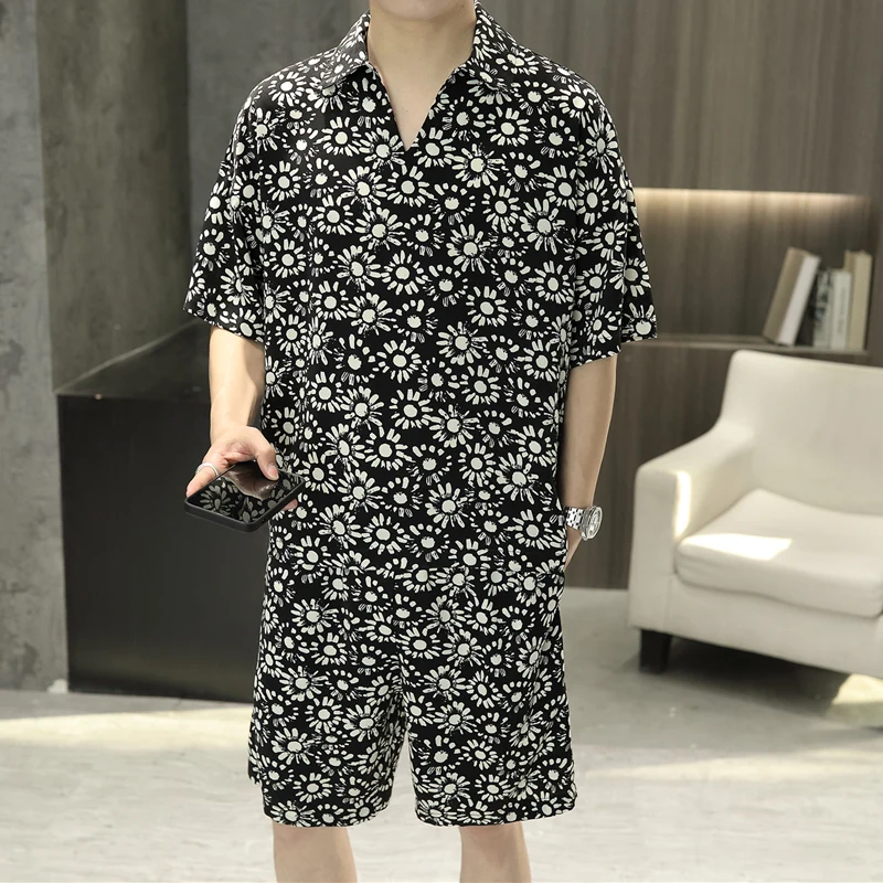 

Men's Casual Ice Silk ort Sve irt And orts Two-Piece Set Summer 2023 Faionable Polyester Fiber Youth Five-Quarter ...