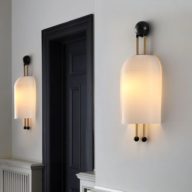 Lantern Sconce Simple Retro Wall Lamp Glass White Nordic Designer Model Room Personality Bedside Hotel Decorative Wall Light