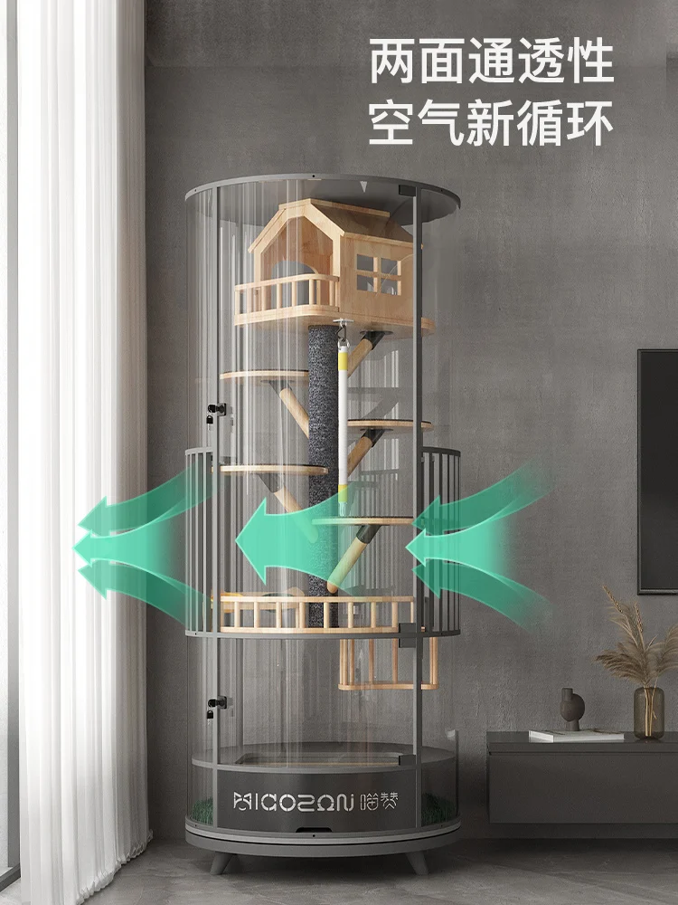 360 ° Rotatable Cat Cage Villa Solid Wood Luxury Panoramic Display Cabinet Cat Nest Glass House with Toilet