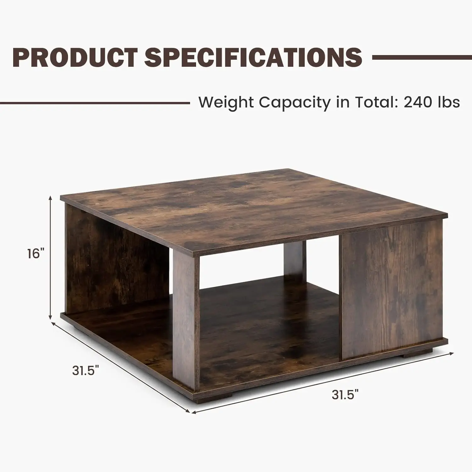 32" Mid-Century Industrial Square Coffee Table - 2-Tier Rustic Brown Wooden Table with Storage Shelf
